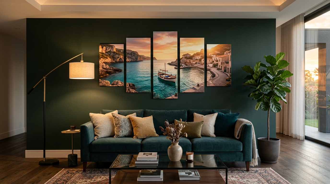 5 Panel Canvas Wall Art hanging above luxury sofa